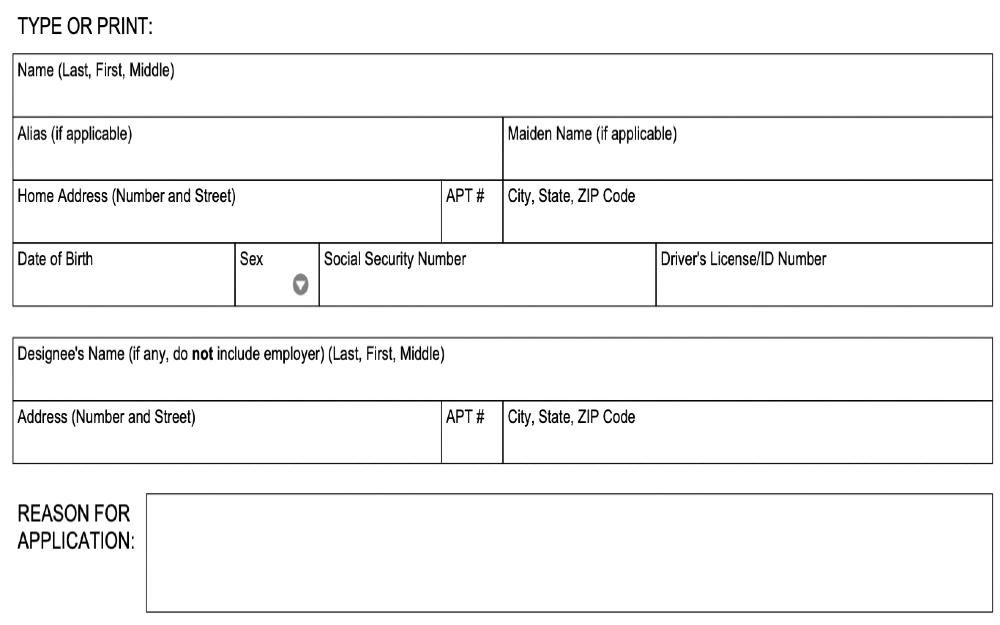 A screenshot of the California Application for Criminal History Report form. The form is a PDF document with a plain white background and black text, at the top of the page, there is a section for personal information, including the applicant's name, address, date of birth, and Social Security number.