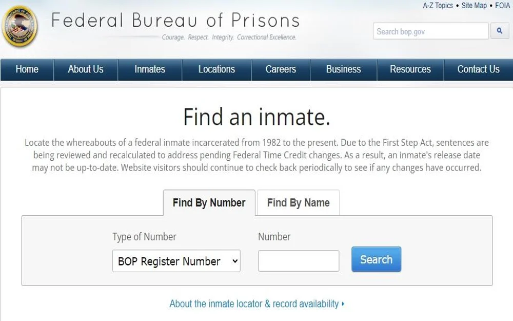 A screenshot of the Federal Bureau of Prisons Find an Inmate website, displaying the search page, the page includes an input field for the inmate's ID number and a "Search" button to initiate the search, the page is surrounded by white space, and the overall color scheme is blue and white.