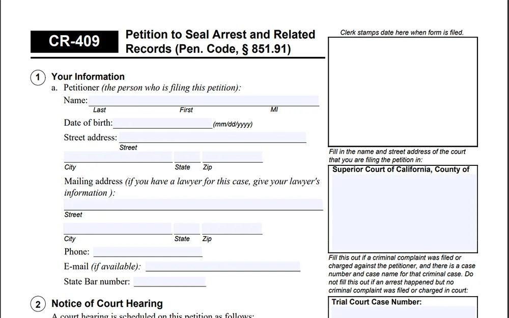 A screenshot from the Judicial Branch of California Courts website showing the petition to seal arrest and related records form.