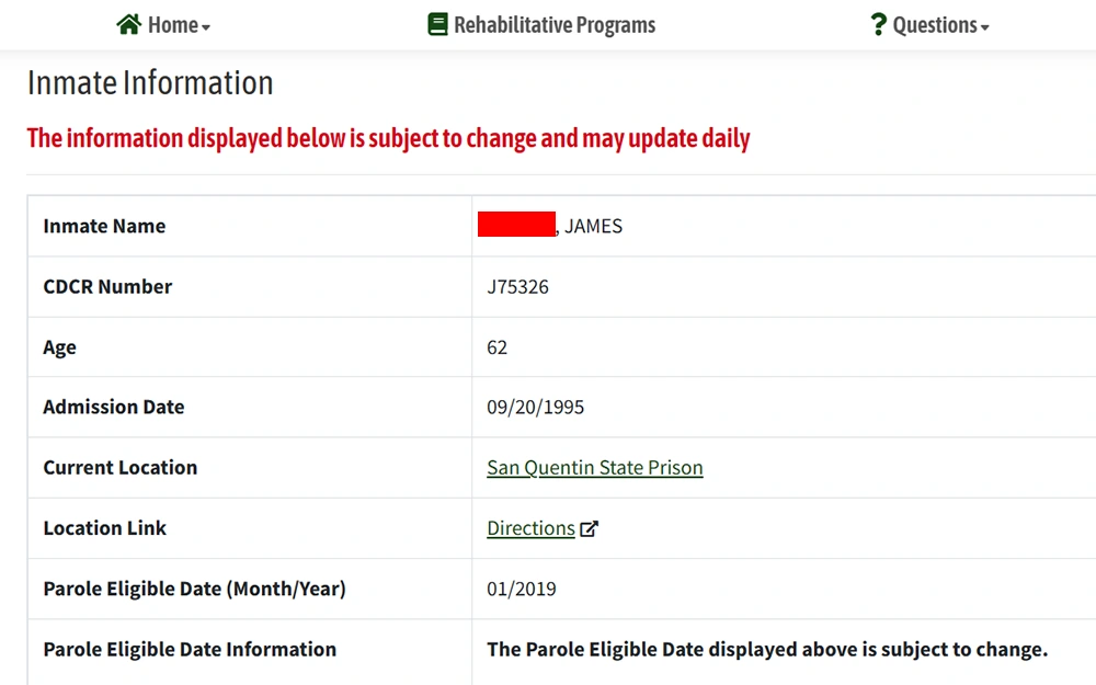 The screenshot displays information about a particular inmate, it includes the inmate's full name, CDCR (California Department of Corrections and Rehabilitation) number, age, and admission date. alongside the inmate's current location, a link to the prison location where they're location, and the inmate's parole eligible date.