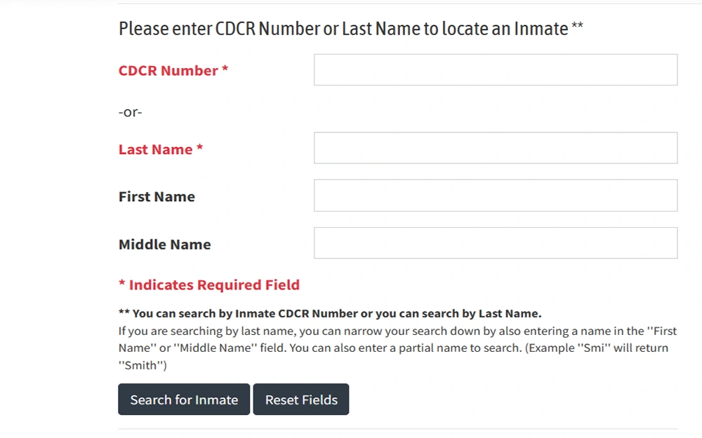 A screenshot of a search page for inmate information on a white background with black text, the page includes fields for entering the inmate's CDCR number, last name, first name, and middle name, along with a search button.