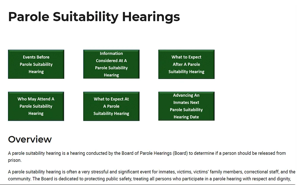 A screenshot from the California Department of Corrections and Rehabilitation website showing the parole suitability hearings page.