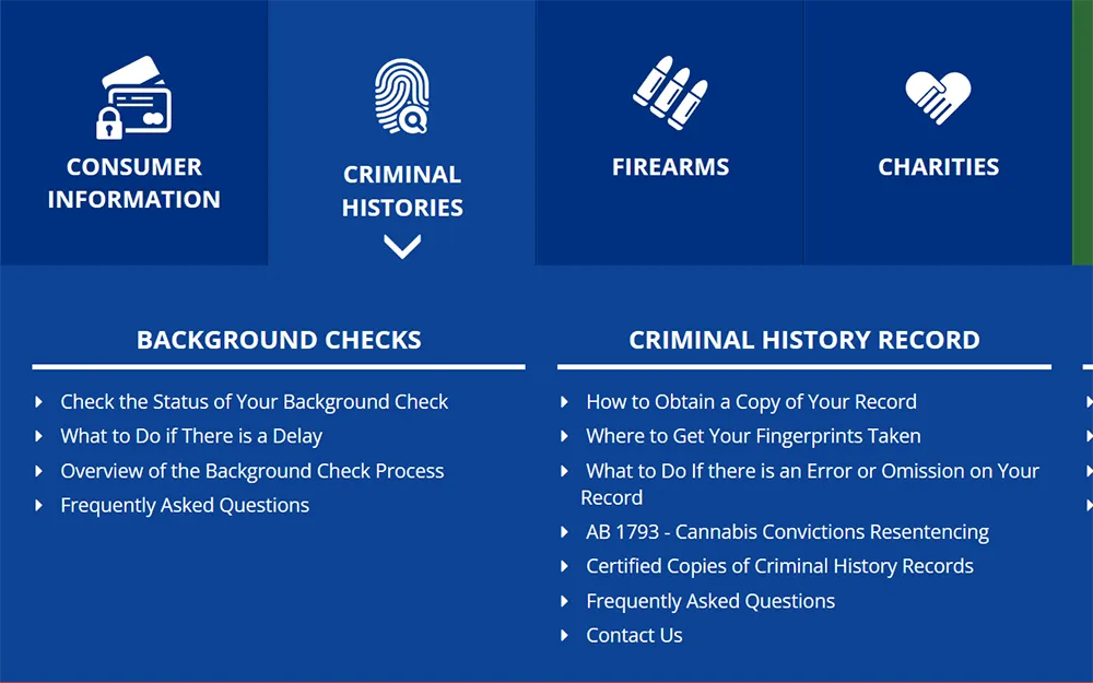A screenshot from the California Department of Justice website showing the criminal histories tab option.