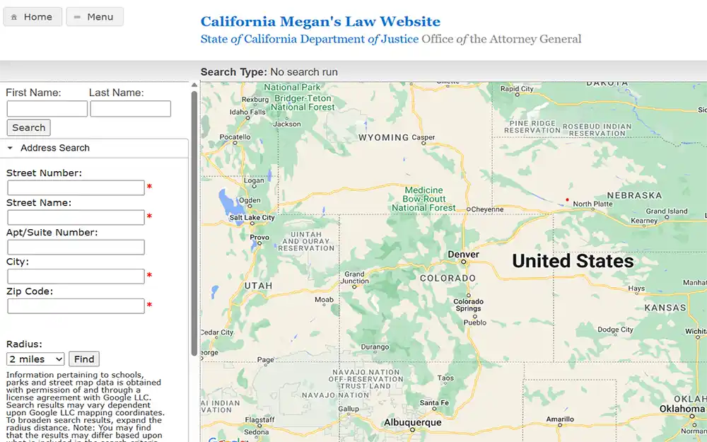 California Megan's Law website screenshot with search fields on the left for name, city, and zip code, and a map of California on the right side, the map shows icons indicating registered sex offenders' locations, and the left side displays search results.
