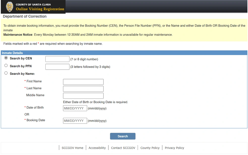 A screenshot from the County of Santa Clara website showing the find inmate page.