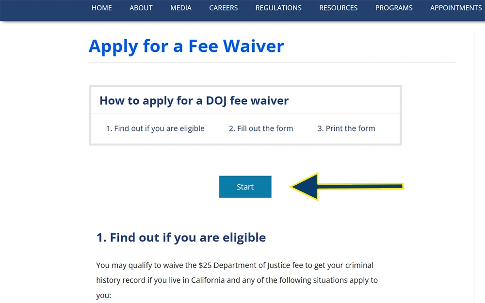 A screenshot from the Office of the Attorney General California website showing the apply for a fee waiver page.