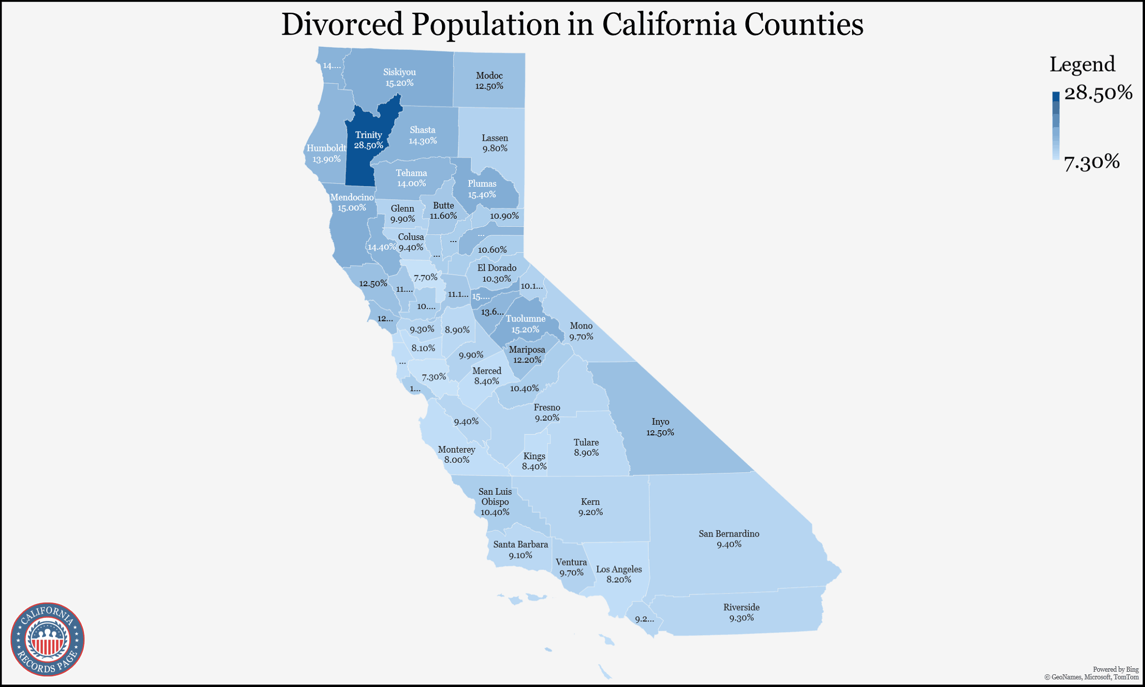 A chart map showing the divorced population counties in the state of California, with a legend on the top right, 28.50% being the highest and 7.30% being the lowest.