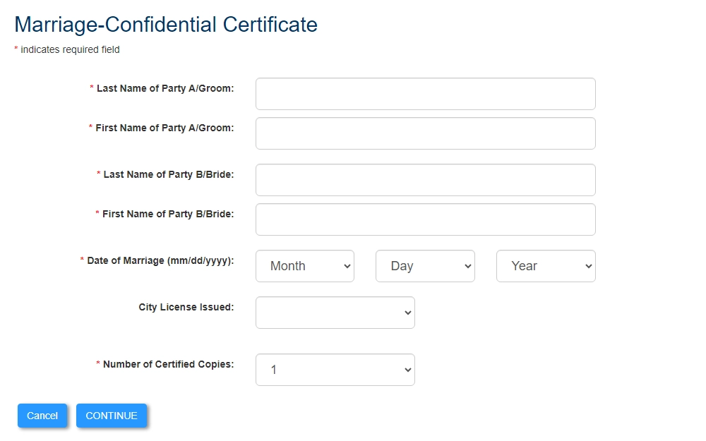 A screenshot of the Alameda Clerk-Recorder's Office's online marriage-confidential certificate request form requiring the following information: last and first name of both Party A/groom and party B/bride, date of marriage, number of certified copies, and other information.