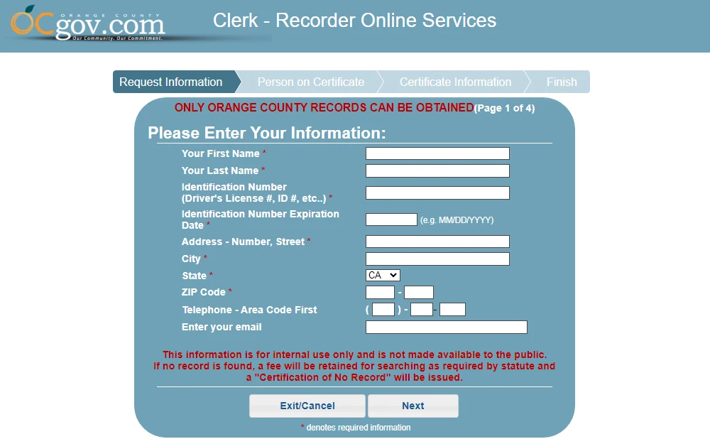 A screenshot of the Orange County Clerk-Recorder's online Application for Certified Copy of a Vital Record requiring the requester to provide the following information: first name, last name, identification number and its expiration date, address - number and street, city, state, and zip code.
