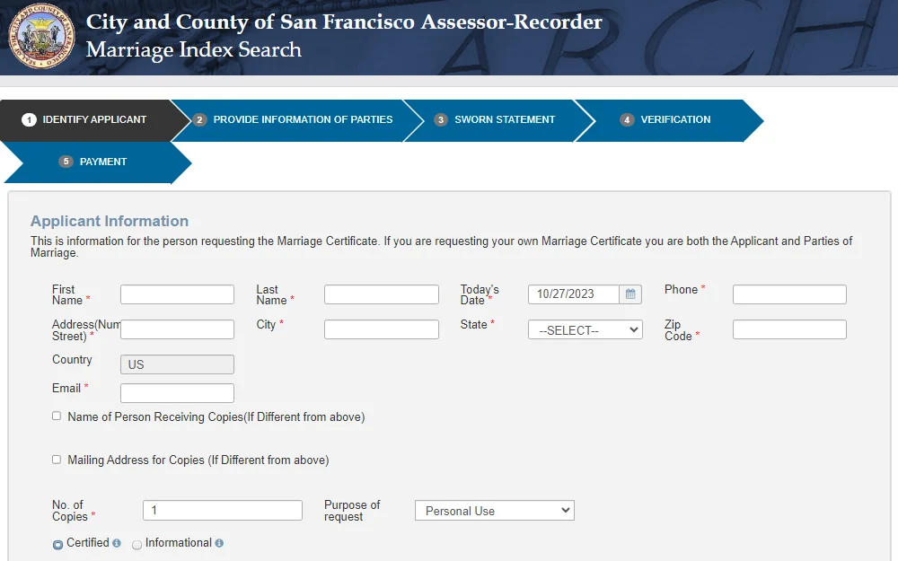 A screenshot of the Marriage Index Search tool of the City and County of San Francisco Assessor-Recorder showing the steps in filing the request; it displays the first step requiring the applicant's information such as their name, present date, phone number, address, city, state, zip code, email, and the number of copies to request.