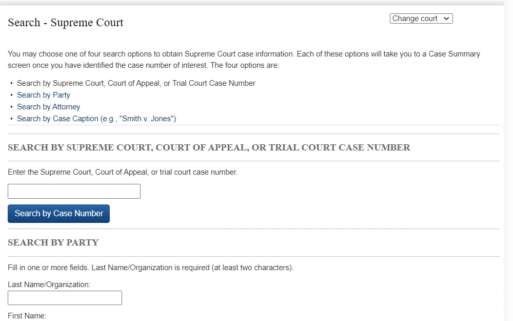 The California Courts website where users can search case information regarding the supreme courts and more. 