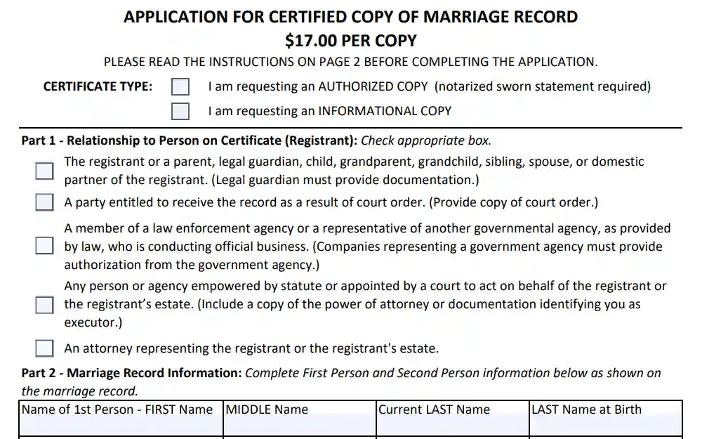 An application to request marriage records in California. 