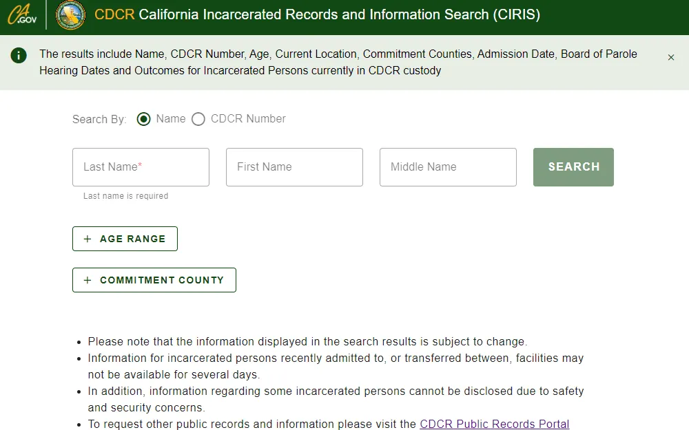 A screenshot of the CDCR inmate locator to find state prisoners in the state of California. 
