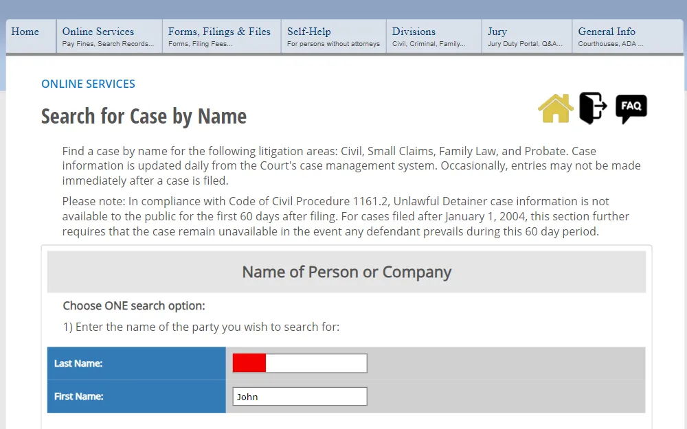 A screenshot of the search tool that offers citizens access to an online case lookup that can be used to find information on divorces that were finalized within their jurisdiction.
