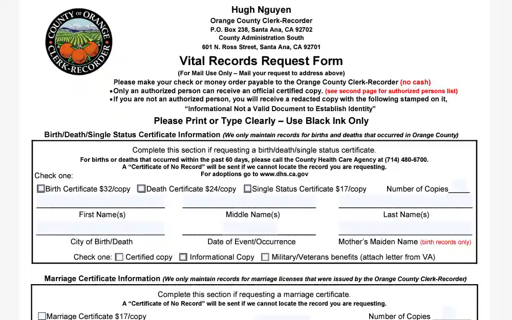 A screenshot of the form used to obtain vital records in Orange County.