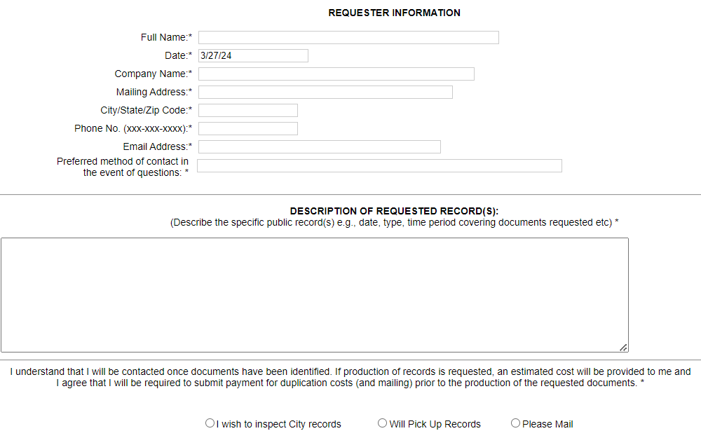 Screenshot of the online request form for public records from the Anaheim City Clerk's Office, requiring requester's information such as full name, date of request, company name, mailing address, zip code, phone number, email, and preferred method of contact, followed by a generous field for the description of records requested.