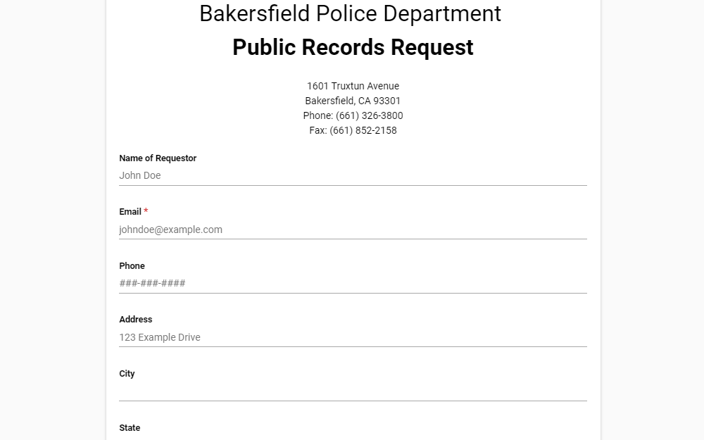 Screenshot of the public records request online form for Bakersfield Police Department displaying the department address and contact numbers, followed by the first few fields provided including: requester's name, email, phone number, and address.
