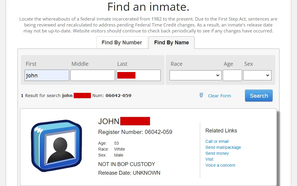 A screenshot of an inmate detail from the Federal Bureau Of Prisons' inmate locator, displaying the register number, inmate name, age, race, sex, custody, release date, and other relevant related links.