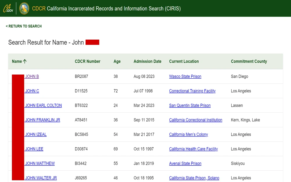 A screenshot from the California Department of Corrections and Rehabilitation featuring a search results table for a common name, listing individuals' names, identification numbers, ages, admission dates, current locations, and counties of commitment.