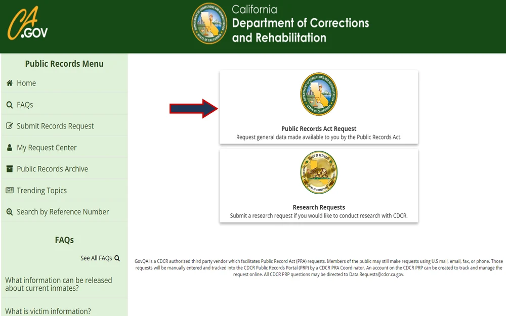 A screenshot from the California Department of Corrections and Rehabilitation featuring a public records menu with options for FAQs, submitting records requests, accessing archives, and conducting research.