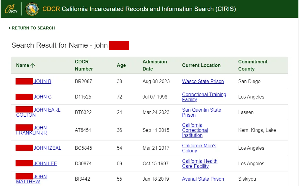 A screenshot of the search results from the California Incarcerated Records and Information Search of the Department of Corrections and Rehabilitation, listing the offenders' names, CRDR numbers, ages, admission dates, current locations, and counties of commitment.