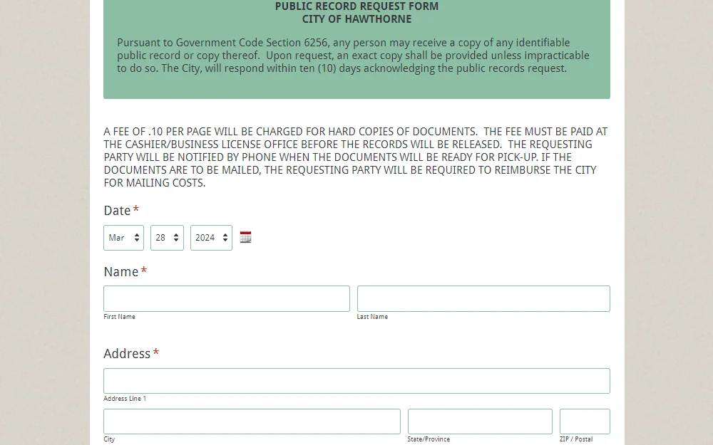 Screenshot of the online public records request form taken from the website of the Hawthorne Police Department showing a note regarding the average response time and that the form is provided pursuant to Government Code Section 6256, followed by the fees associated, and the first few required fields visible including date of request. name, and address.