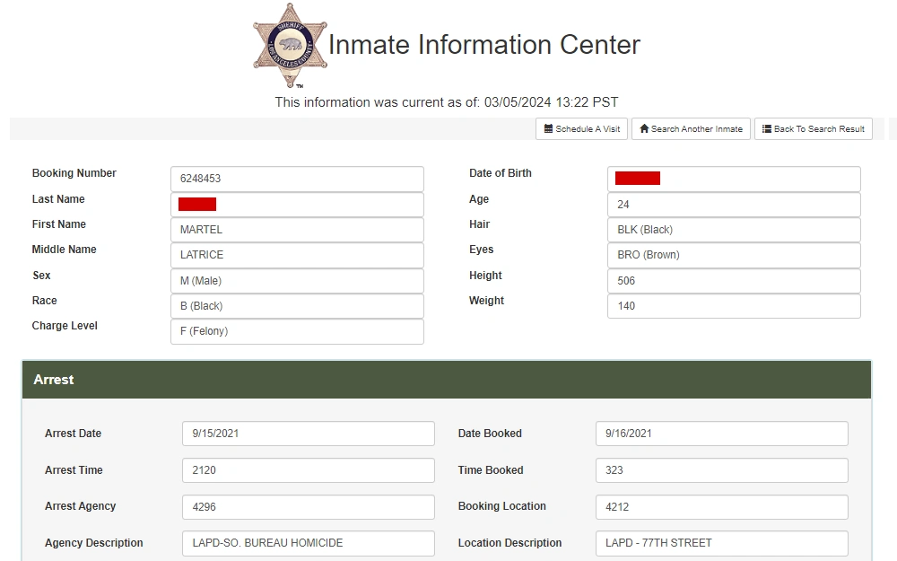 Screenshot of an offender's booking details from the Los Angeles County Sheriff’s Department, displaying the first two sections including personal and arrest information.