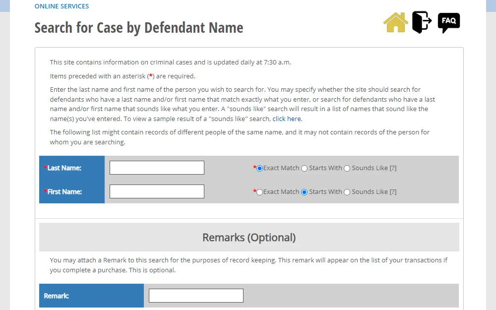 Screenshot of the defendant name case search option from Los Angeles County Superior Court of California, displaying the first two sections starting with an instruction on how to fill the required fields for the first and last names and what the options mean, followed by an optional section and field for remarks with an explanation of its purpose for the search.