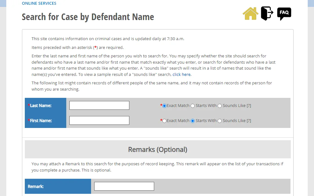 Screenshot of the case search by defendant name tool from the Los Angeles Superior Court, showing the required fields for first and last names, and optional field for remarks together with texts for instructions.