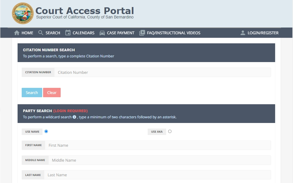 Screenshot of the court access portal of the San Bernardino County Superior Court displaying two of the four available search options including the free citation number search and the party name search which requires a login.