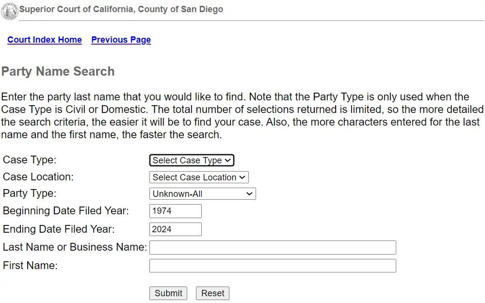 Screenshot from the San Diego County Superior Court displaying the party name search option with drop-down menus dedicated for case type, location, and party type, and fields for the date range, last or business name, and first name.