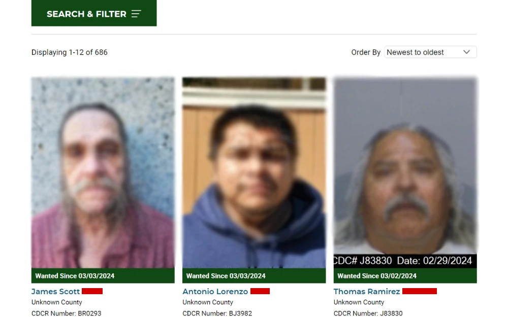 A screenshot from the California Department of Corrections and Rehabilitation featuring photographs and names of three individuals, their identification numbers, and the dates since they have been sought.