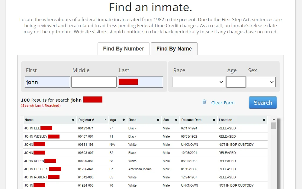 A screenshot from the Federal Bureau of Prisons displays the input fields for first, middle, and last names, race, age, and sex, followed by the search results, including the name, register number, age, race, sex, release date, and location.