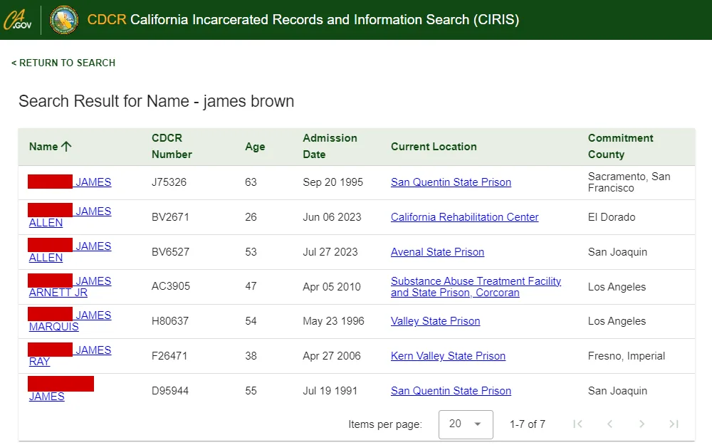 A screenshot of the California Incarcerated Records and Information Search (CIRIS) tool from the California Department of Corrections and Rehabilitation displays the search results in a list with the following information: name, CDCR number, age, admission date, current location, and commitment county.