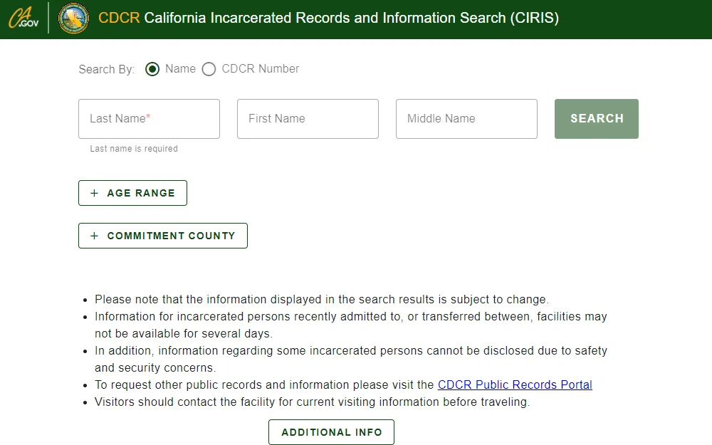 A screenshot of the California Incarcerated Records and Information Search (CIRIS) tool from the California Department of Corrections and Rehabilitation displays the input fields for last, first, and middle names, followed by options for additional filters such as age range and commitment county.