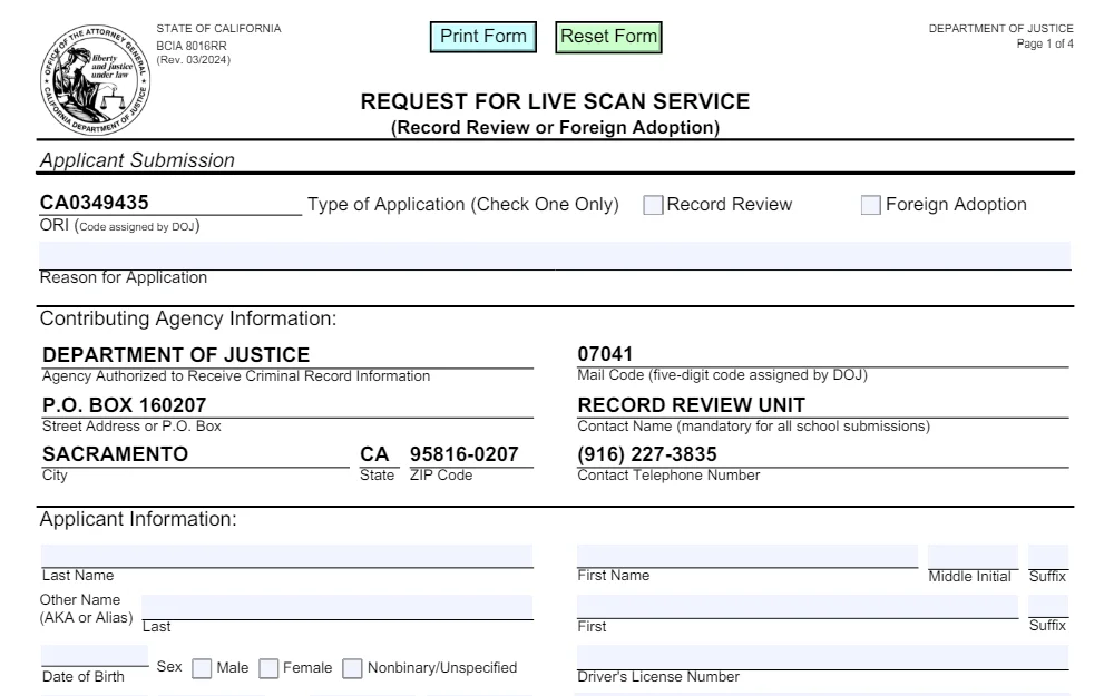 A screenshot of the request for live scan service form displays the fields provided for reason of request and applicant information, with filled fields for continuing agency information.