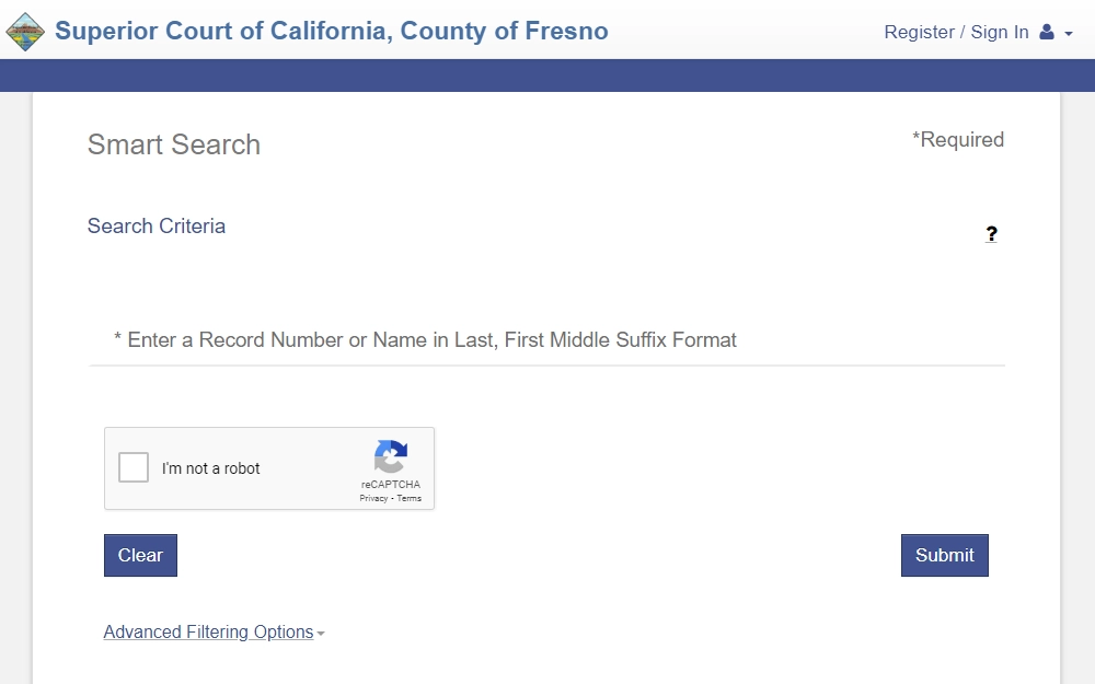 A screenshot from the Superior Court of Fresno County displays the smart search field for record number or full name, with options for an advanced search.